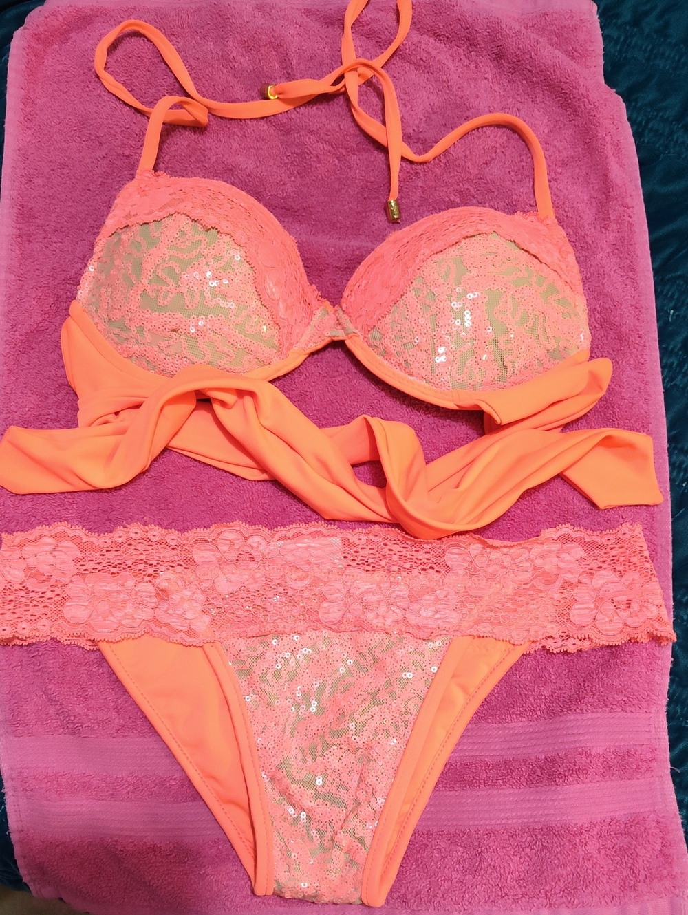 Mystic Shine Neon Coral Lace And Sequin Bikini